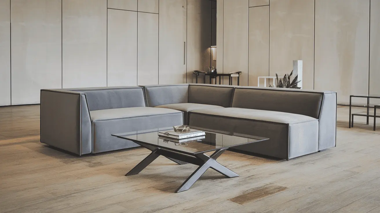 Bộ sofa góc màu xám với đường nét vuông vắn và bàn trà mặt kính chân kim loại thể hiện rõ tinh thần tối giản của nội thất đương đại.