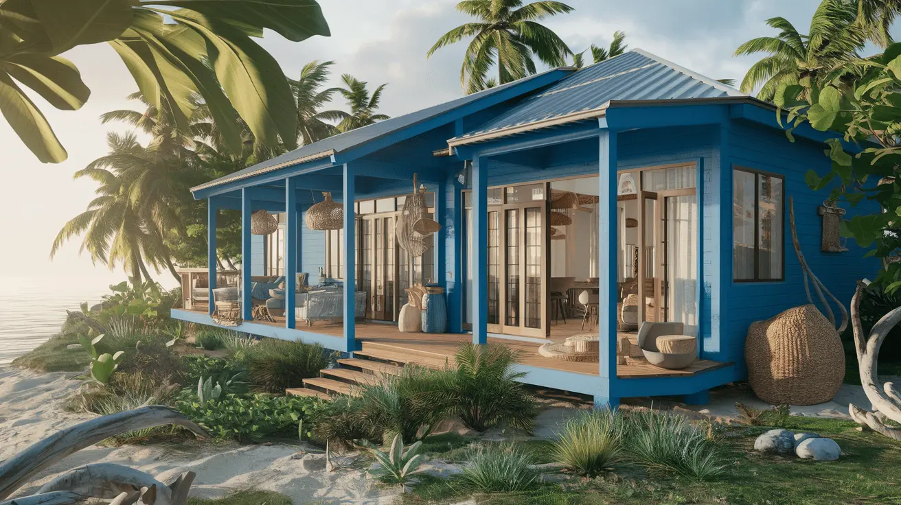 Coastal Tropical mang gió biển và ánh nắng vào nhà với màu xanh dương, vật liệu tự nhiên và đồ trang trí biển cả.