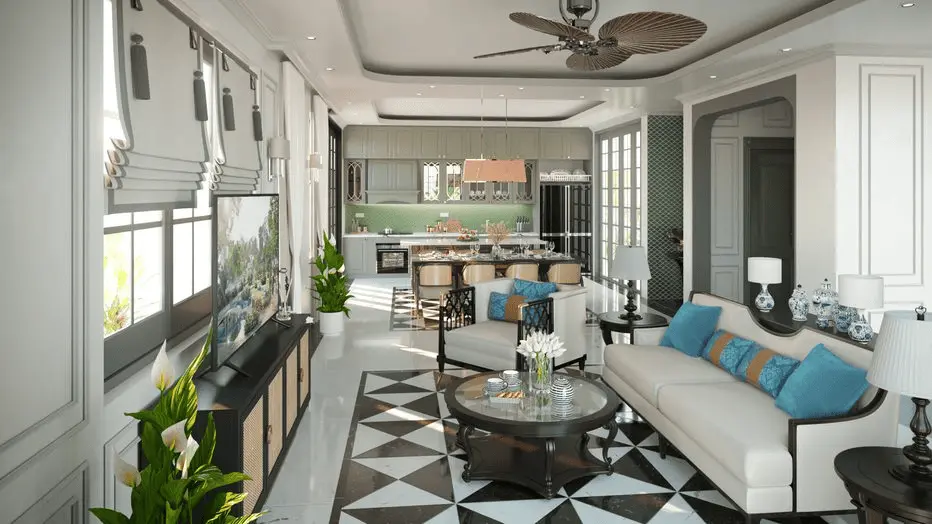 Đồ nội thất tối giản, chú trọng công năng với ghế sofa êm ái, bàn trà gỗ mộc mạc và đèn mây tre đan.