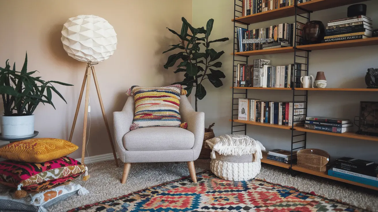 Góc đọc sách Bohemian với ghế bành thoải mái, gối tựa nhiều màu sắc, thảm lông, đèn sàn kiểu dáng độc đáo, kệ sách đầy ắp sách và cây xanh.