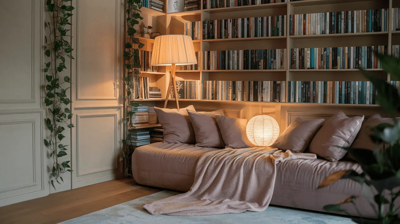 Góc đọc sách ấm cúng với ghế sofa êm ái, ánh đèn dịu nhẹ và chăn len mềm mại, đậm chất Hygge.