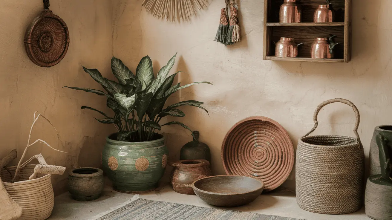 Góc trang trí Rustic với cây xanh, đồ gốm và vật dụng thủ công.