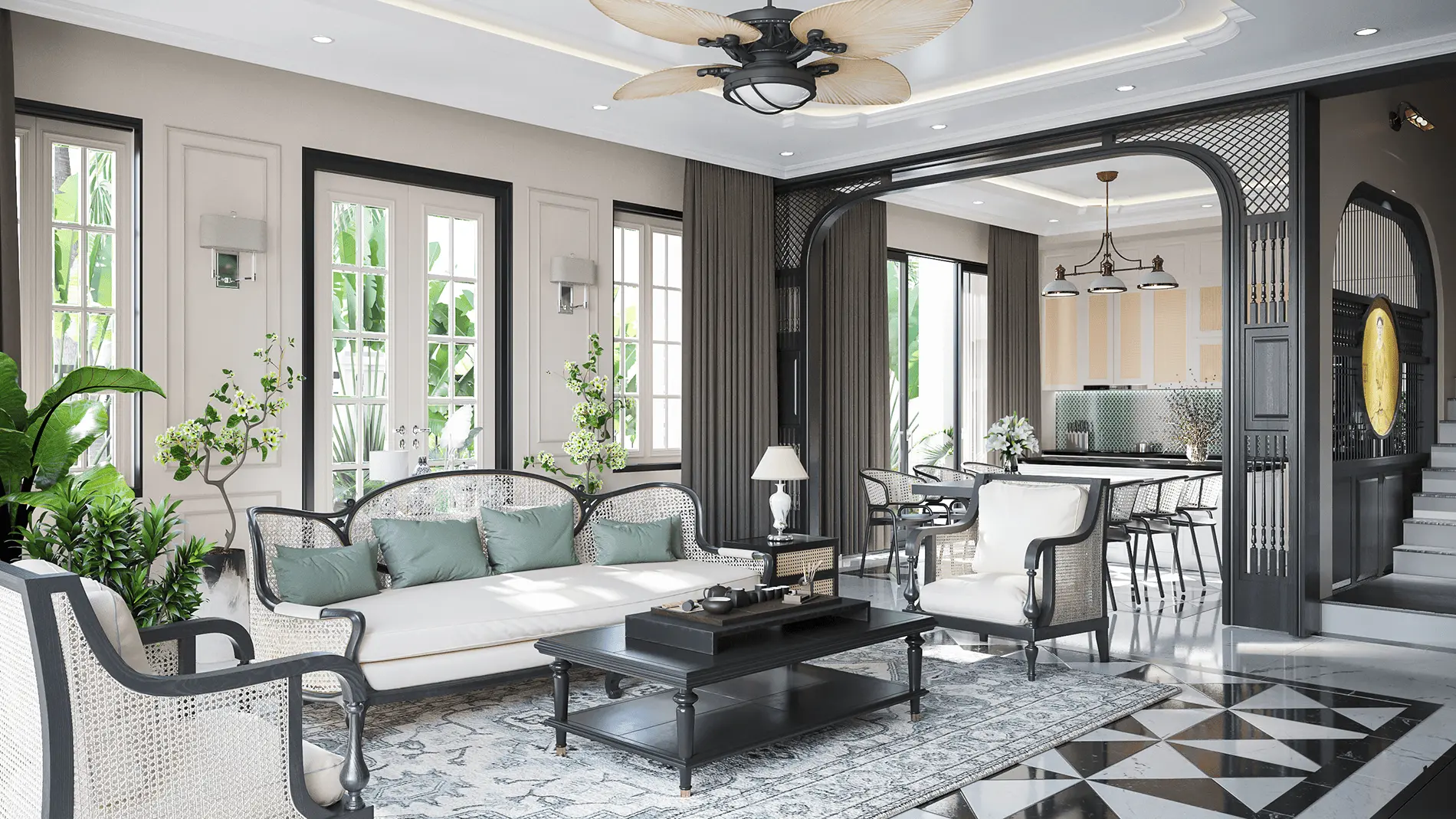 Không gian mở kết nối phòng khách với sân vườn, tạo sự liền mạch giữa nội thất và thiên nhiên.