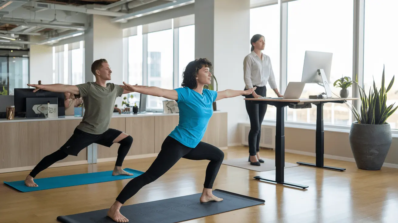 Khu vực tập yoga và bàn làm việc đứng-ngồi trong văn phòng