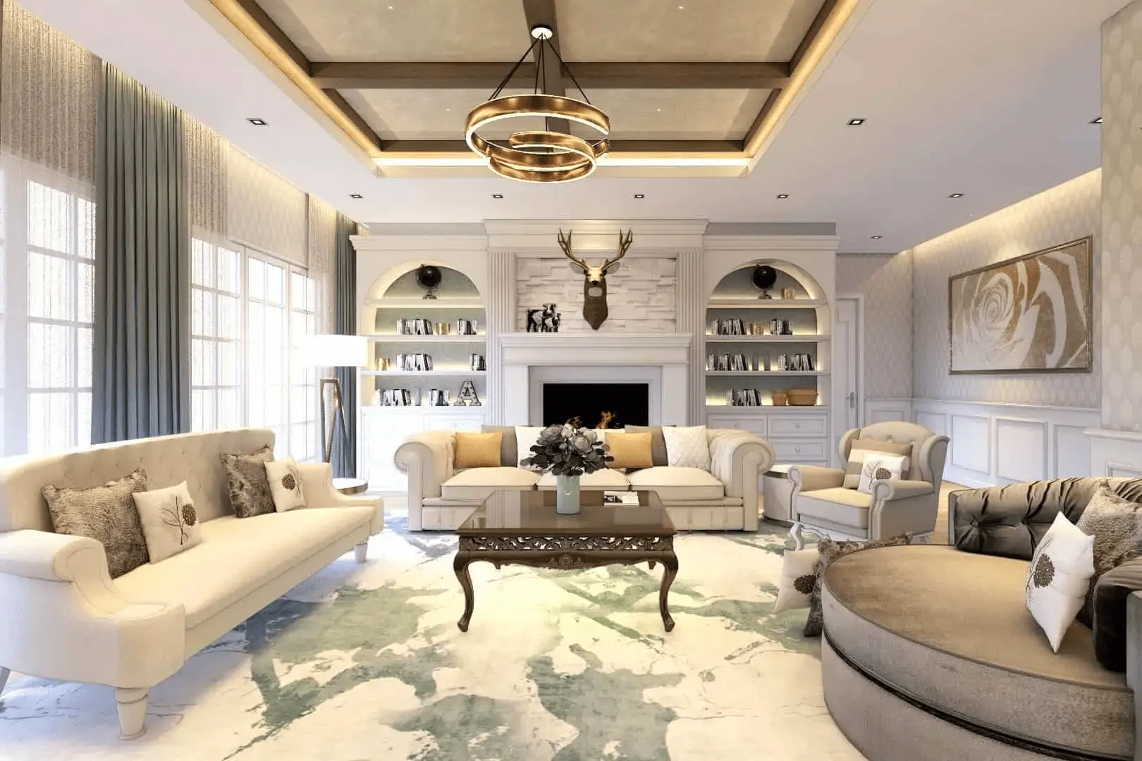 Phối màu sắc hài hòa trong phòng khách Tân cổ điển, với màu trắng chủ đạo và điểm nhấn màu vàng gold.
