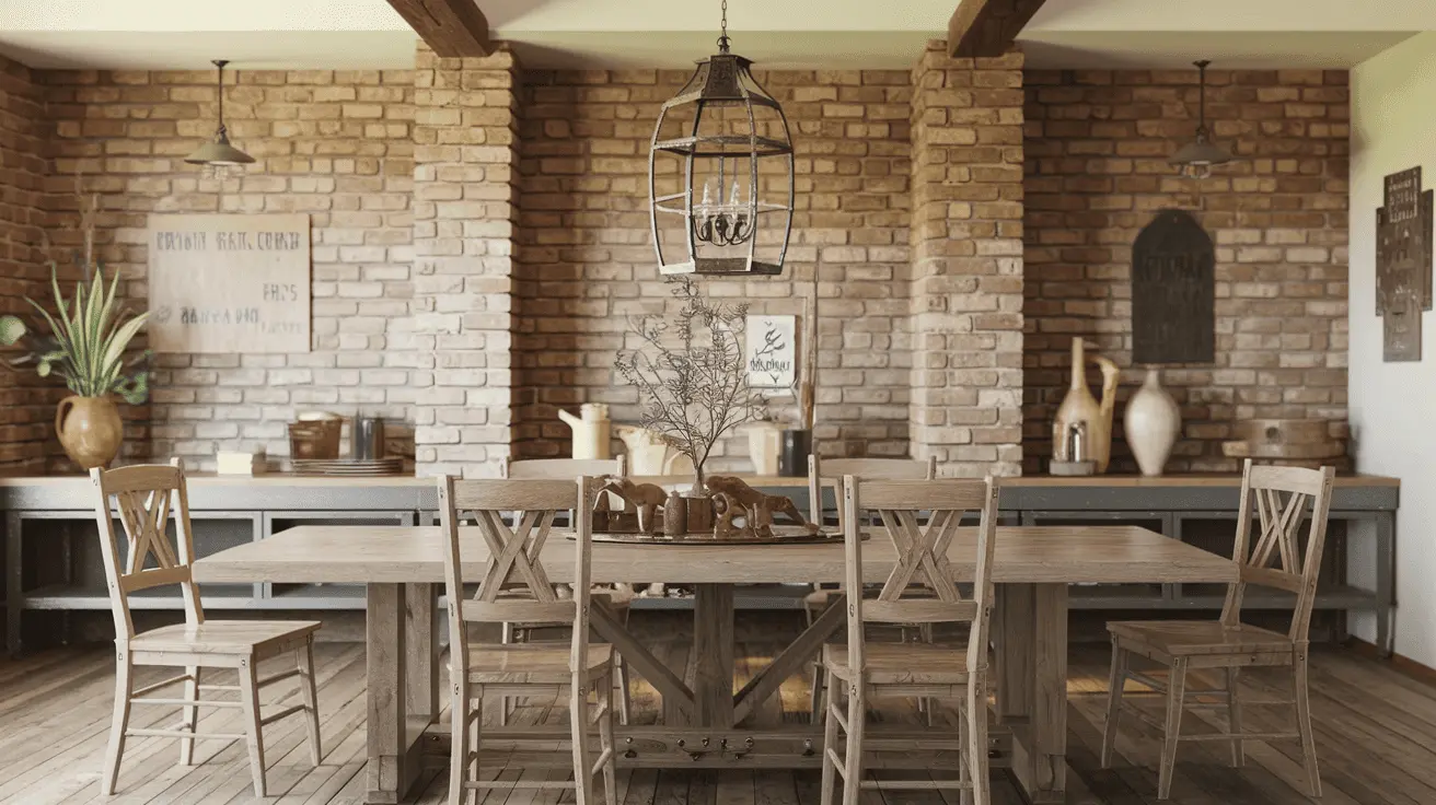 Phòng ăn Rustic với bàn ăn gỗ nguyên khối, ghế gỗ mộc và đèn thả trần sắt rèn.