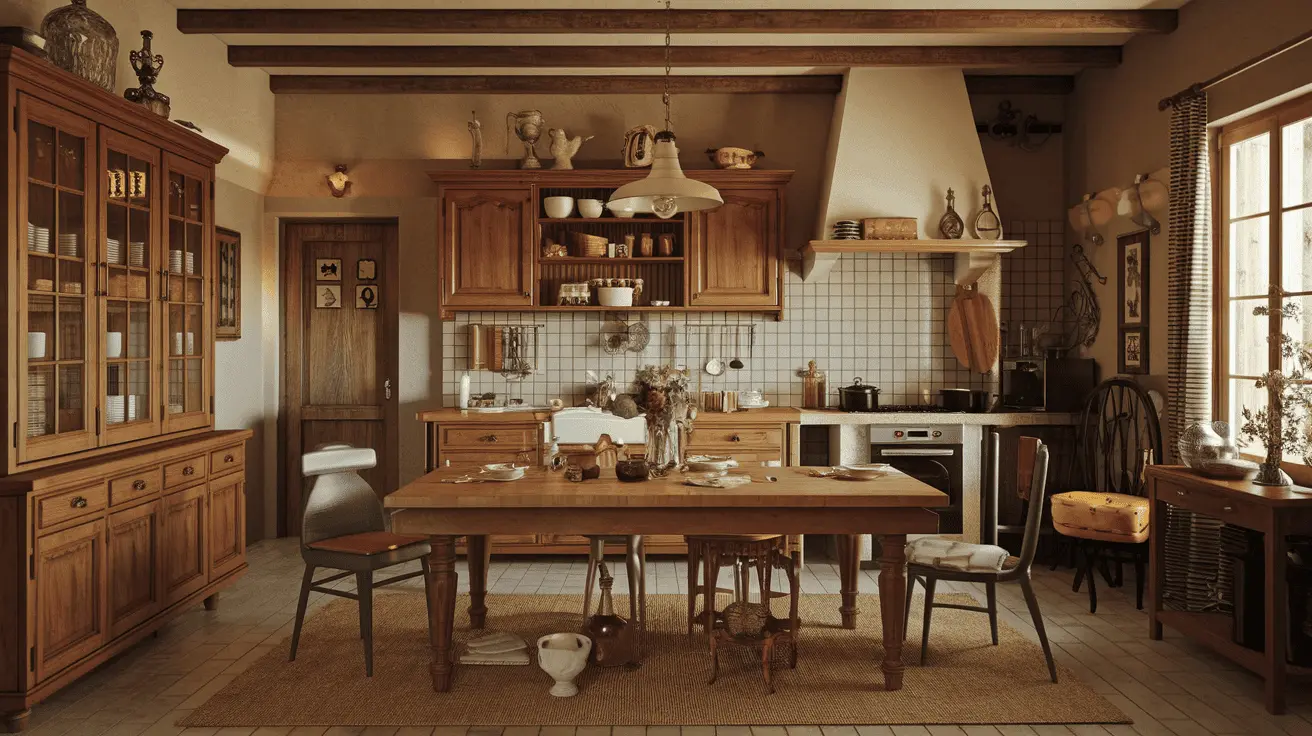 Phòng bếp Vintage ấm áp và gần gũi với tủ bếp gỗ cánh pano, bàn ăn gỗ mộc mạc và các vật dụng trang trí mang đậm nét hoài cổ.
