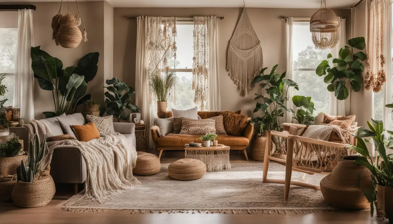 Phòng khách Bohemian thể hiện sự phóng khoáng và đầy màu sắc qua họa tiết đa dạng và đồ trang trí ngẫu hứng.