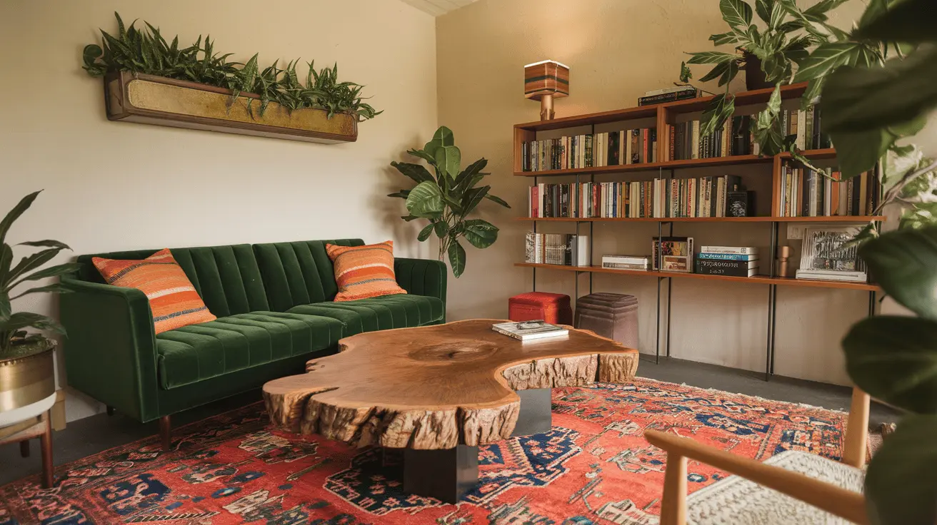 Phòng khách Bohemian với sofa bọc vải nhung xanh lá cây, bàn trà gỗ thô mộc, thảm Ba Tư rực rỡ, kệ sách gỗ mở đầy ắp sách và cây xanh leo tường.