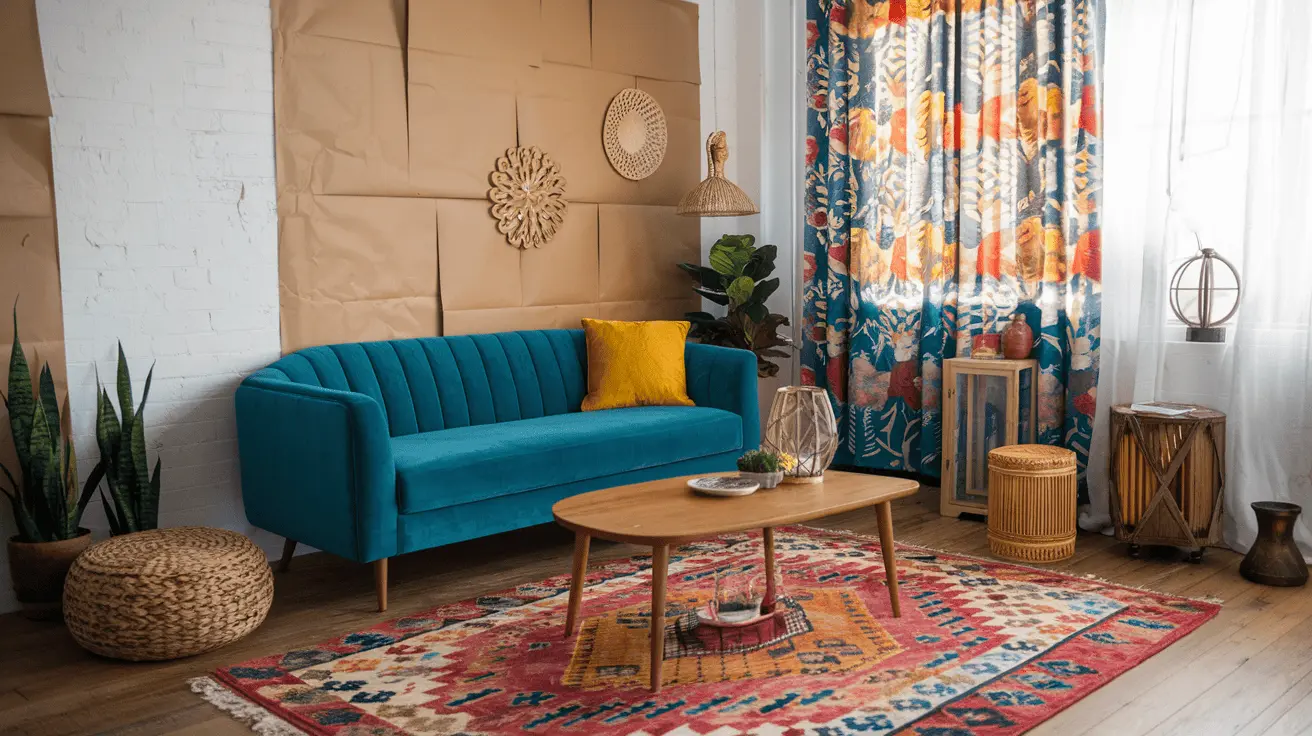 Phòng khách Bohemian với tường trắng kem, sofa màu xanh ngọc lam, thảm thổ cẩm rực rỡ, gối tựa màu cam đất và rèm cửa họa tiết hoa văn.