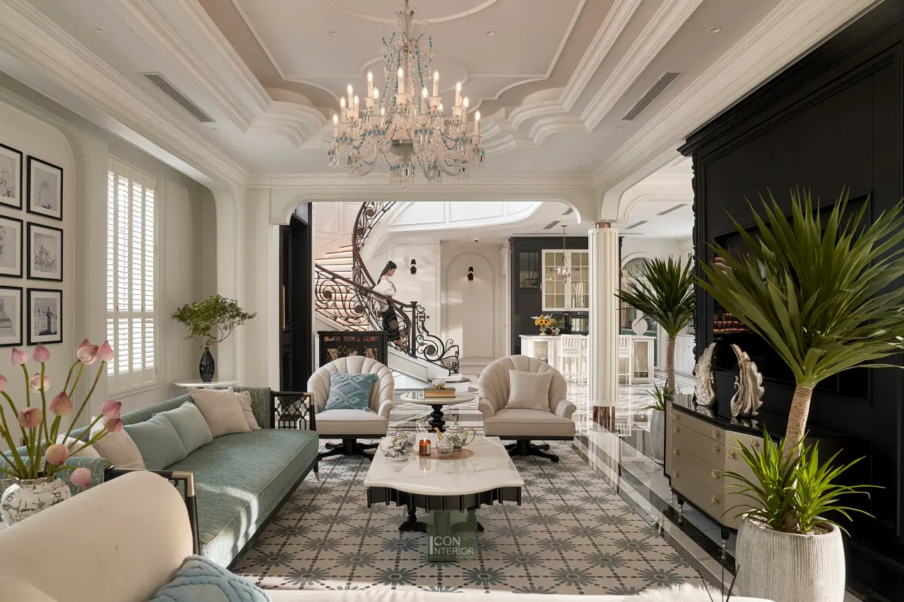 Phòng khách Indochine thể hiện sự giao thoa văn hóa Pháp - Việt qua vật liệu tự nhiên và họa tiết Á Đông.