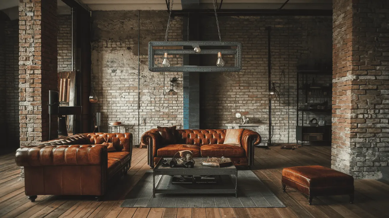 Phòng khách Industrial với tường gạch trần, sofa da và đèn thả trần khung kim loại, tạo không gian cá tính và mạnh mẽ.