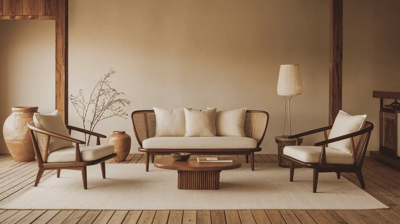 Phòng khách Japandi ấm cúng và tinh tế với sofa gỗ, thảm cói và bình gốm trang trí.