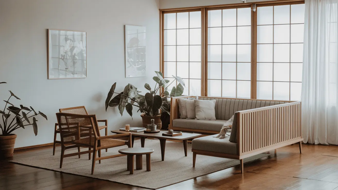 Phòng khách Japandi với bộ sofa gỗ đơn giản, bàn trà thấp và kệ tivi tối giản.