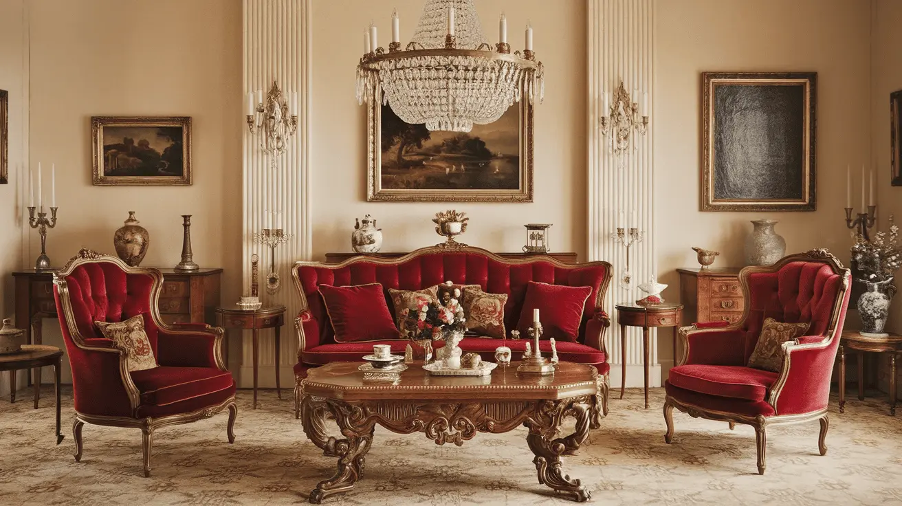 Phòng khách Vintage ấm cúng và sang trọng với sofa nhung, bàn trà gỗ chạm khắc, đèn chùm pha lê và các vật dụng trang trí cổ điển.
