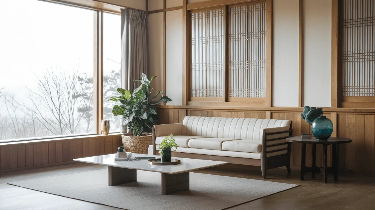 Phòng khách phong cách Hàn Quốc với sofa thấp, bàn trà gỗ và trang trí tối giản. Không gian thoáng đãng, ấm cúng và tràn ngập ánh sáng tự nhiên.
