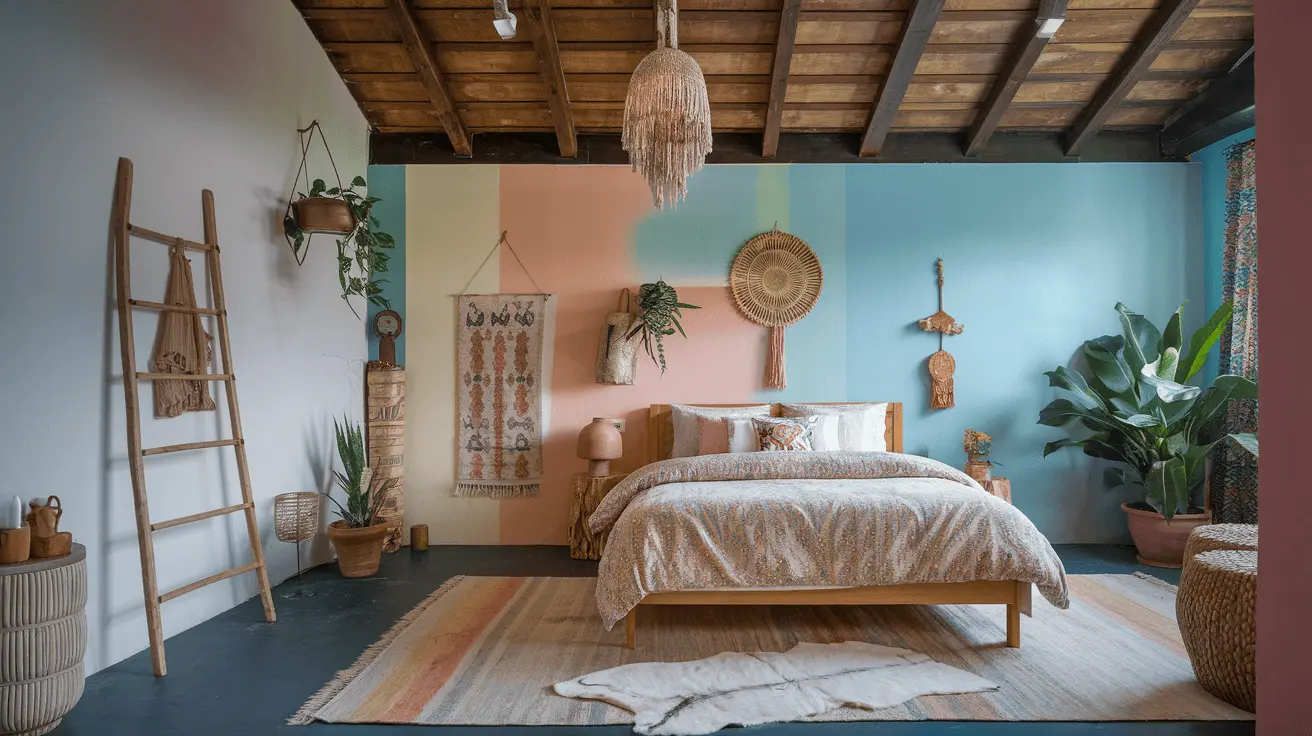 Phòng ngủ Bohemian với giường gỗ mây, ga trải giường cotton mềm mại, thảm lông cừu, rèm cửa lanh và đèn ngủ gốm sứ.