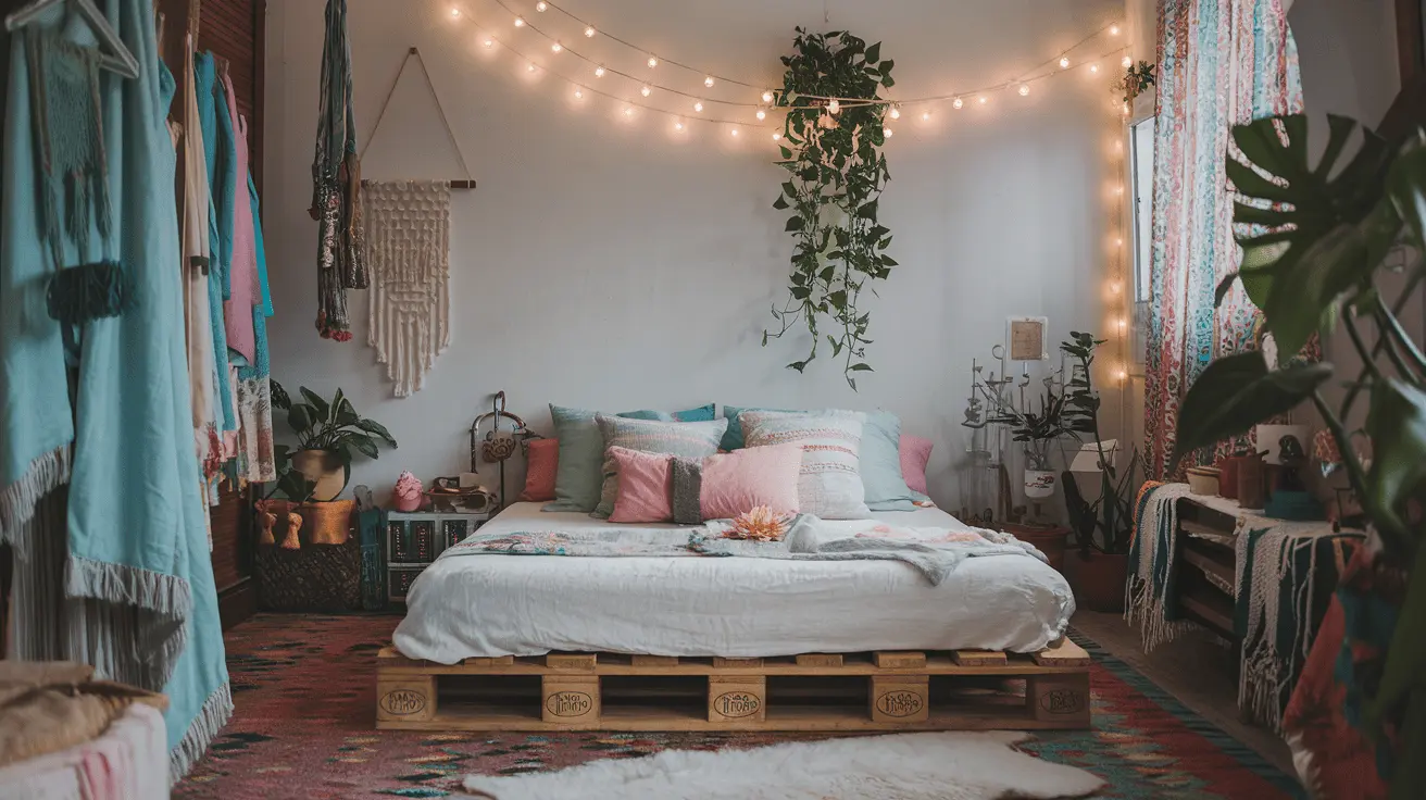 Phòng ngủ Bohemian với giường pallet thấp, ga trải giường lanh trắng, gối tựa màu pastel, thảm lông cừu trắng, đèn dây fairy lights và cây xanh treo tường.