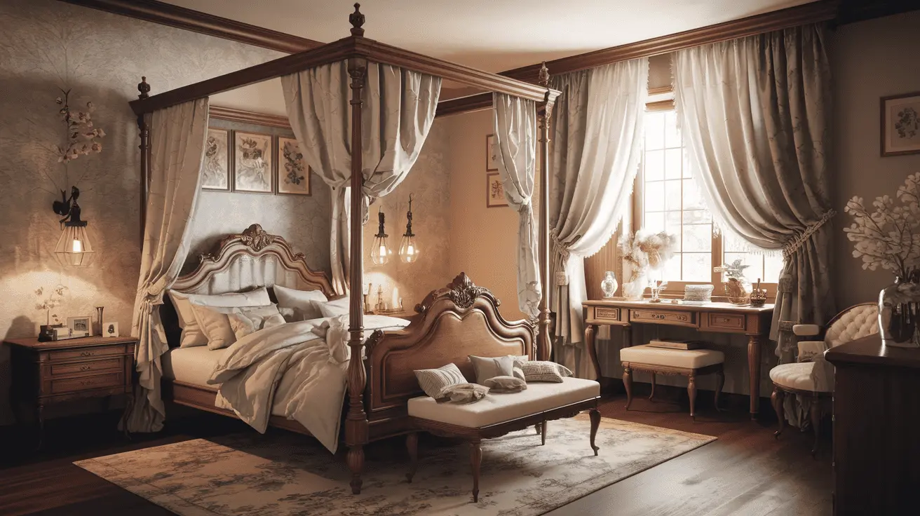Phòng ngủ Vintage lãng mạn và thư giãn với giường ngủ khung gỗ, bàn trang điểm gỗ, rèm cửa voan và các phụ kiện trang trí nhẹ nhàng.
