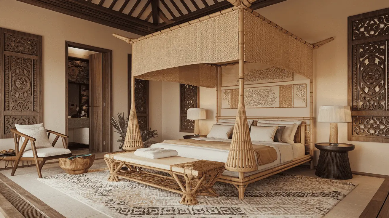 Phòng ngủ phong cách Indochine yên bình và thư giãn.