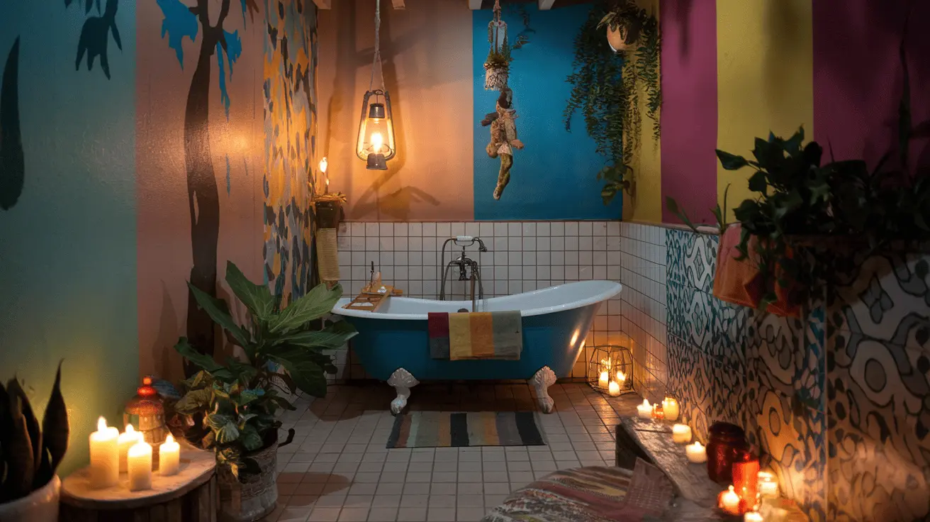 Phòng tắm Bohemian với ánh nến lung linh, đèn lồng treo tường, cây xanh và bồn tắm chân quỳ.
