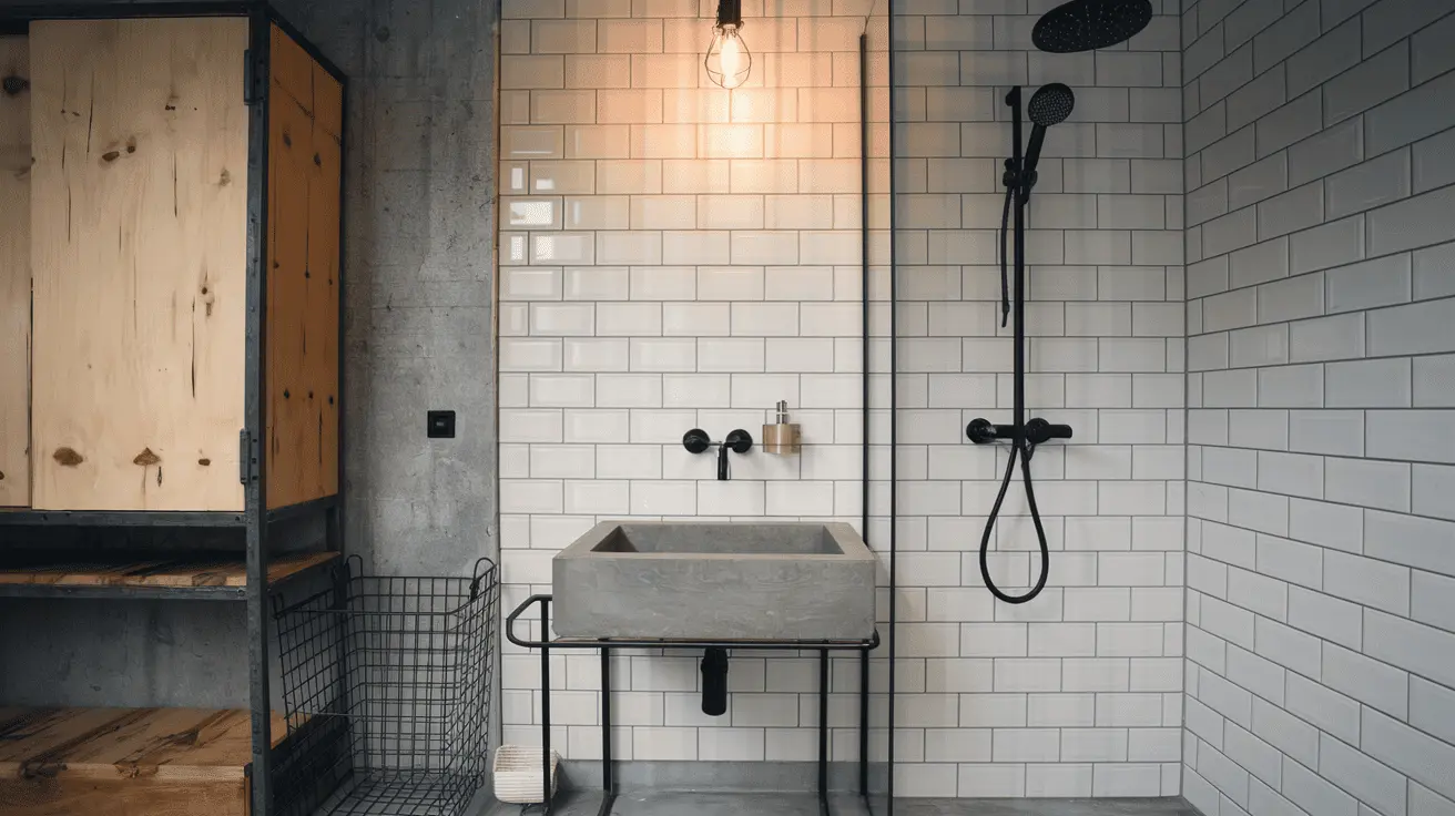 Phòng tắm Industrial với tường gạch subway, lavabo bê tông và vòi sen kim loại đen, tạo không gian phòng tắm tiện nghi và cá tính.