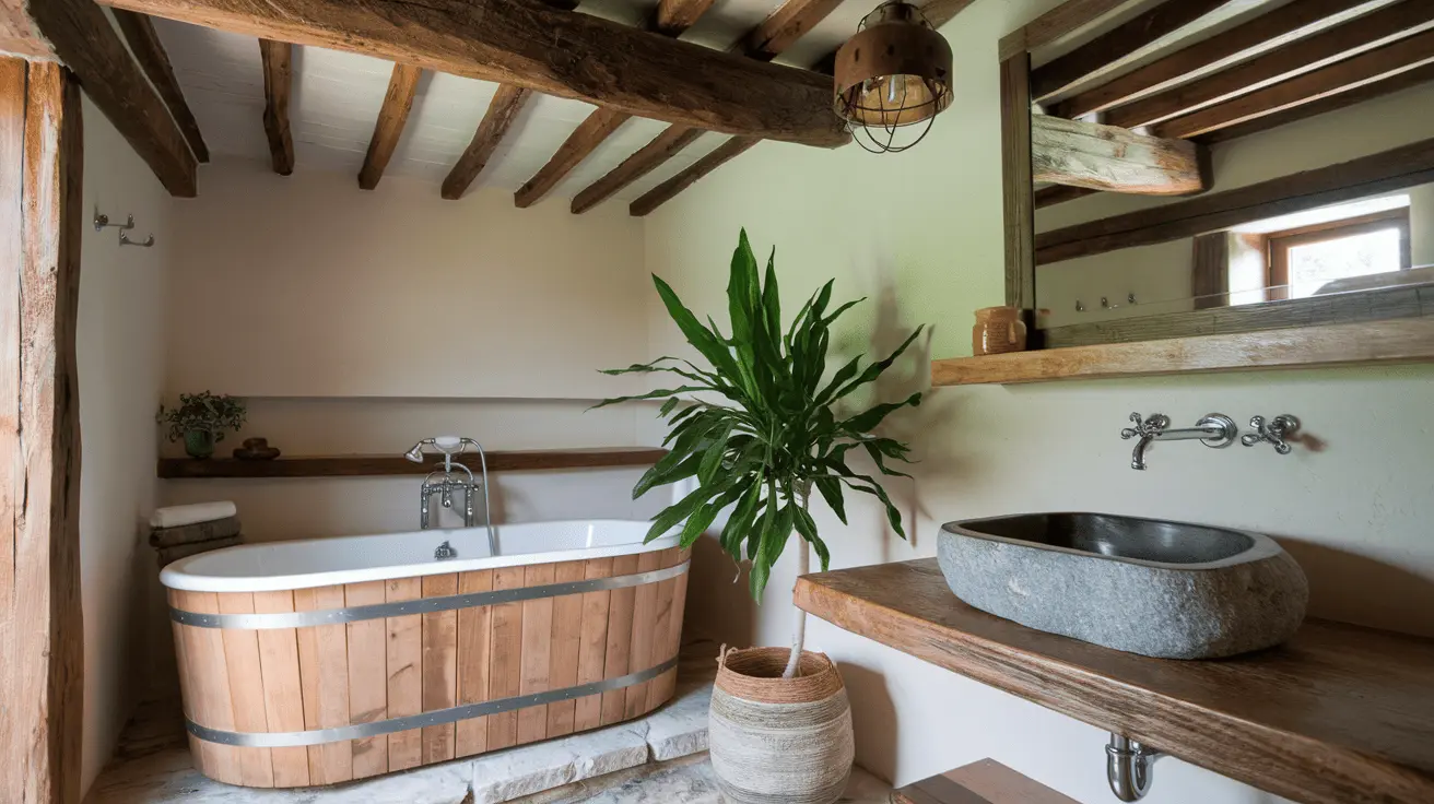 Phòng tắm Rustic với bồn tắm gỗ, lavabo đá và cây xanh.