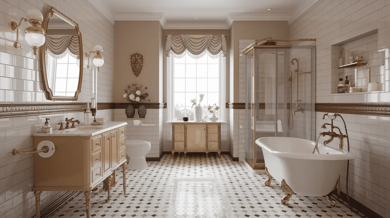 Phòng tắm Tân cổ điển sang trọng và thư giãn với bồn tắm chân quỳ, lavabo đặt bàn và vòi sen mạ vàng.