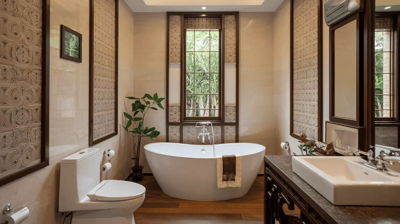 Phòng tắm phong cách Indochine tinh tế và thư giãn.