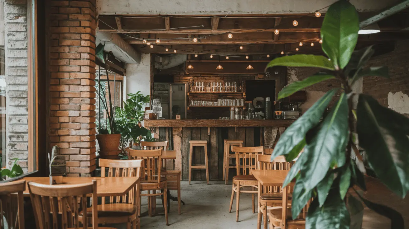 Quán cà phê Rustic với bàn ghế gỗ, đèn dây tóc và cây xanh.