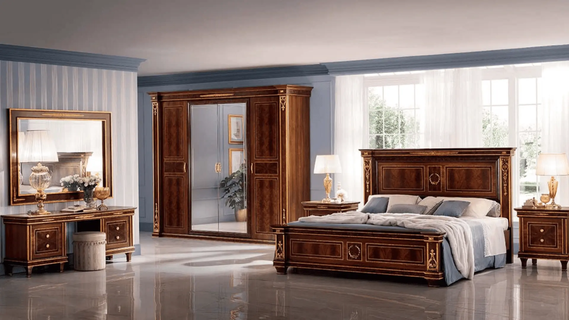 Sử dụng vật liệu gỗ óc chó cao cấp cho đồ nội thất Tân cổ điển, thể hiện sự sang trọng và đẳng cấp.