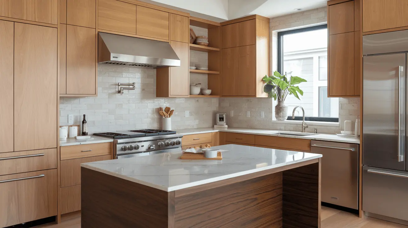 Sự kết hợp giữa gỗ tự nhiên ấm áp và đá sang trọng tạo nên vẻ đẹp hài hòa cho phòng bếp đương đại.