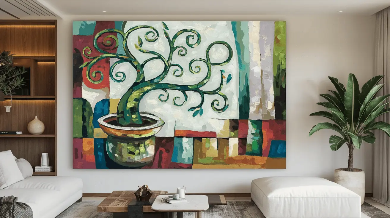 Tranh trừu tượng khổ lớn và cây xanh trong chậu gốm mang đến vẻ đẹp nghệ thuật và sinh động cho phòng khách đương đại.
